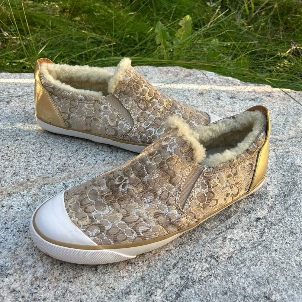 COACH Cozy Sheep Skin Lined Gold Slip-On Women's Shoes